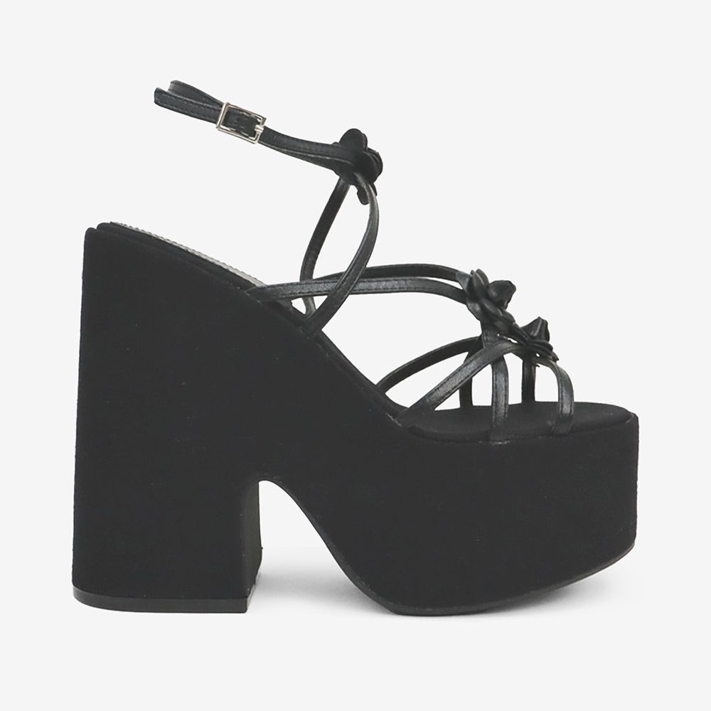 NWT Flower Details Black High Heel Platform Sandals - Picture 6 of 8